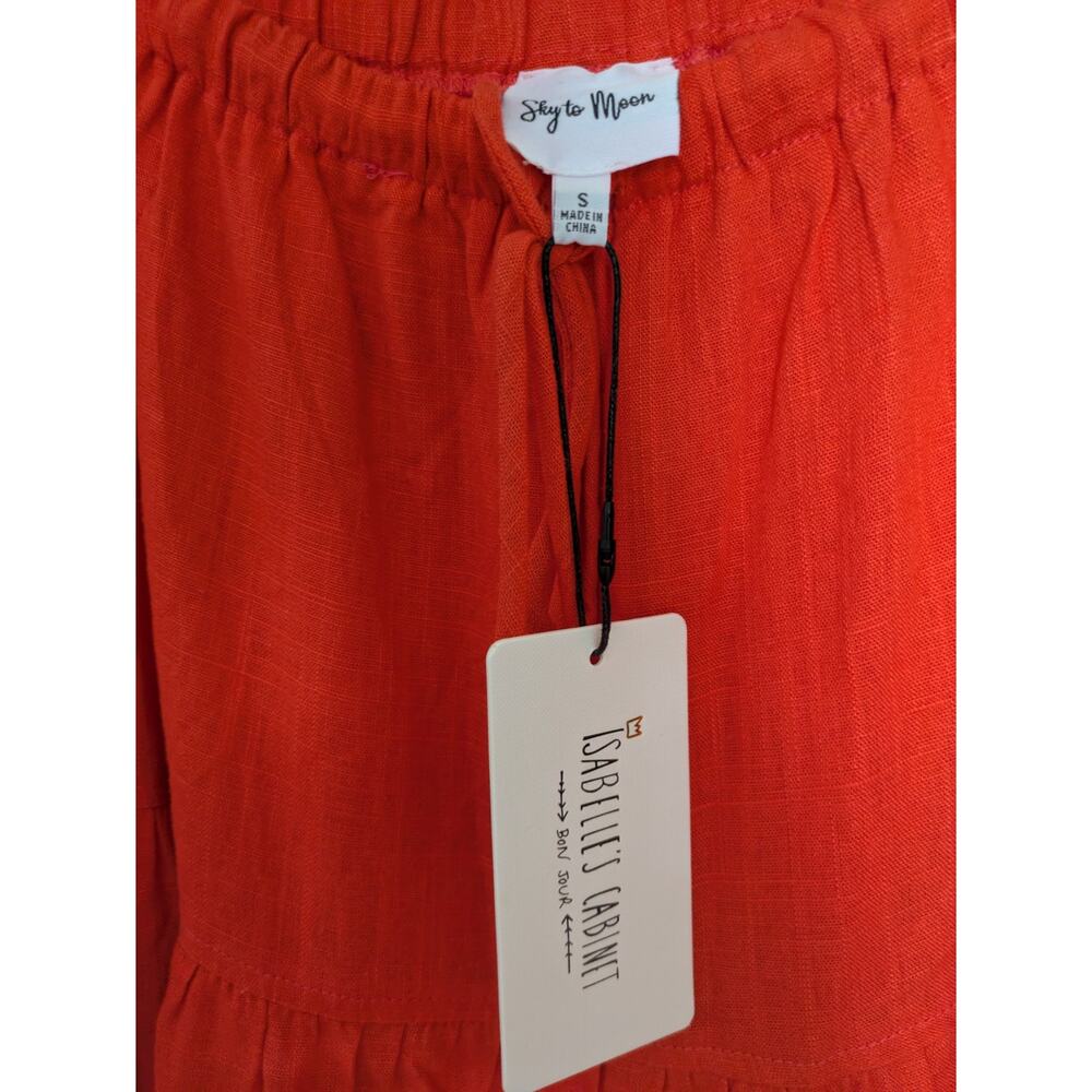 Boho Linen Blend Tiered Maxi Skirt with Drawstring Waist – Vibrant Orange-Red - Picture 6 of 7
